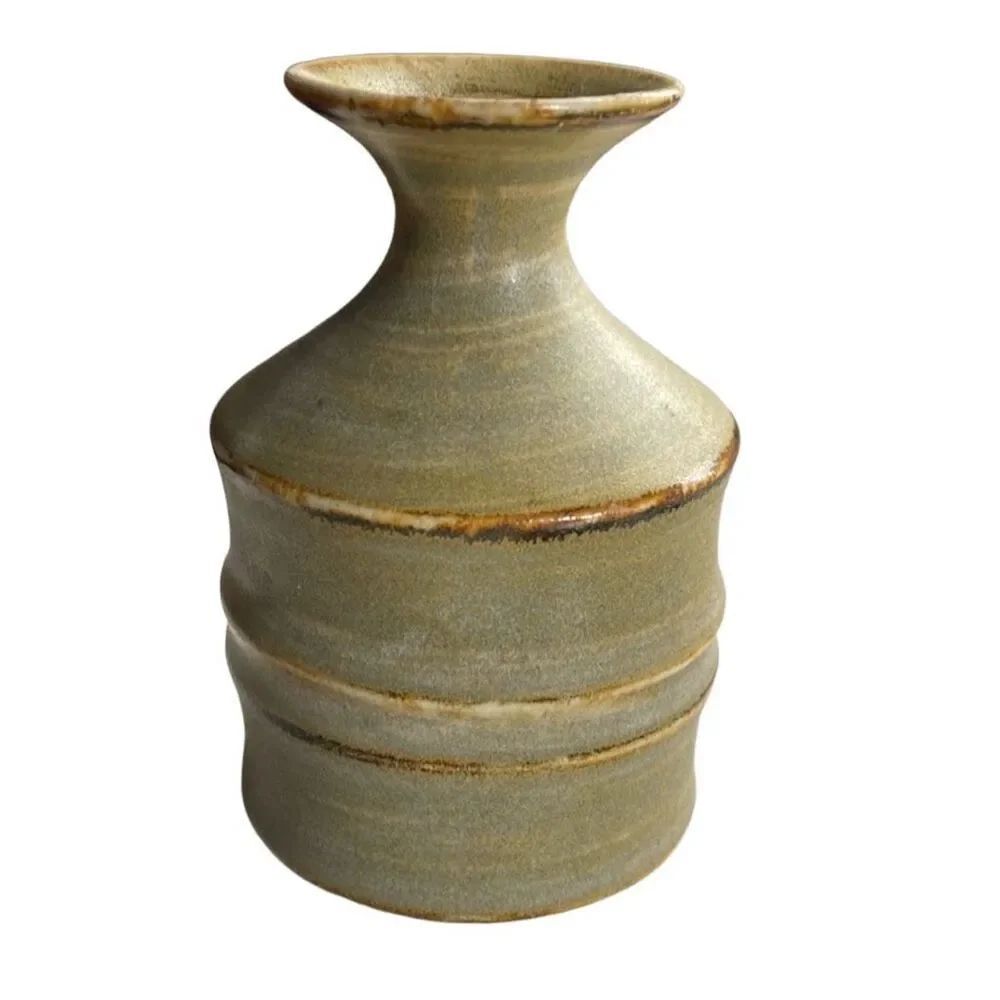Vintage OMC Midcentury vase green and tan bamboo ceramic.